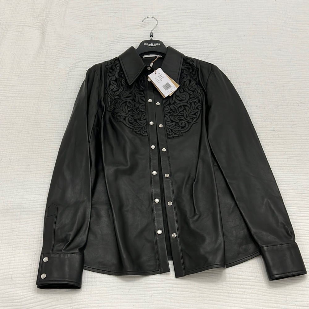 Michael Kors Collection Leather Button Down Blouse